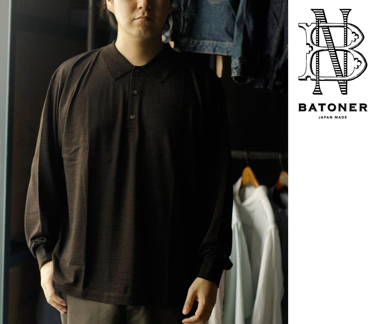 【美品】BATONER/バトナー スキッパーポロ サイズ3 ブラック 別注 THE SEAISLAND COTTON SKIPPER POLO S/S | BATONER