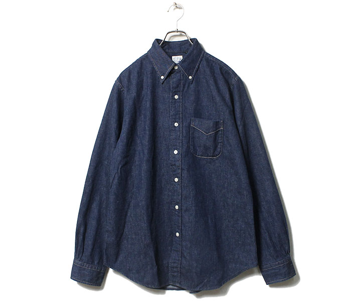 日本製 orSlow ノーカラー デニム ロングシャツ インディゴ マチ