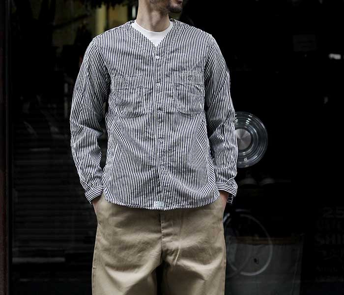 orSlow オアスロウ シャツ ノーカラー ヒッコリー ストライプ 01
