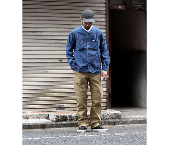orSlow オアスロウ デニム ユーズド加工 ノーカラーシャツ 01