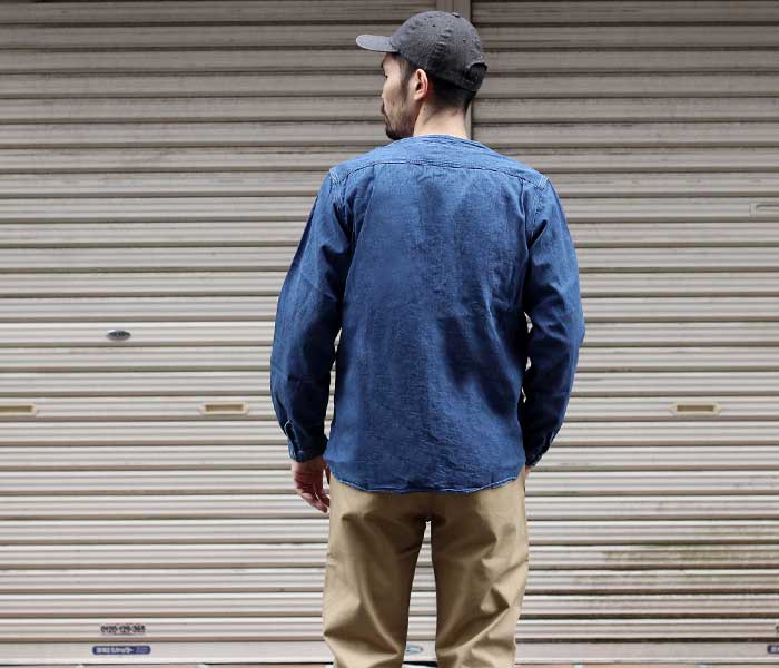 orSlow オアスロウ デニム ユーズド加工 ノーカラーシャツ 01