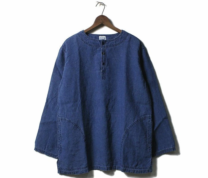 日本製 orSlow ノーカラー デニム ロングシャツ インディゴ マチ