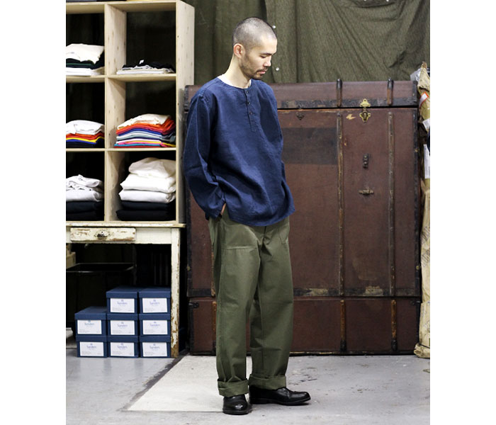 日本製 orSlow ノーカラー デニム ロングシャツ インディゴ マチ