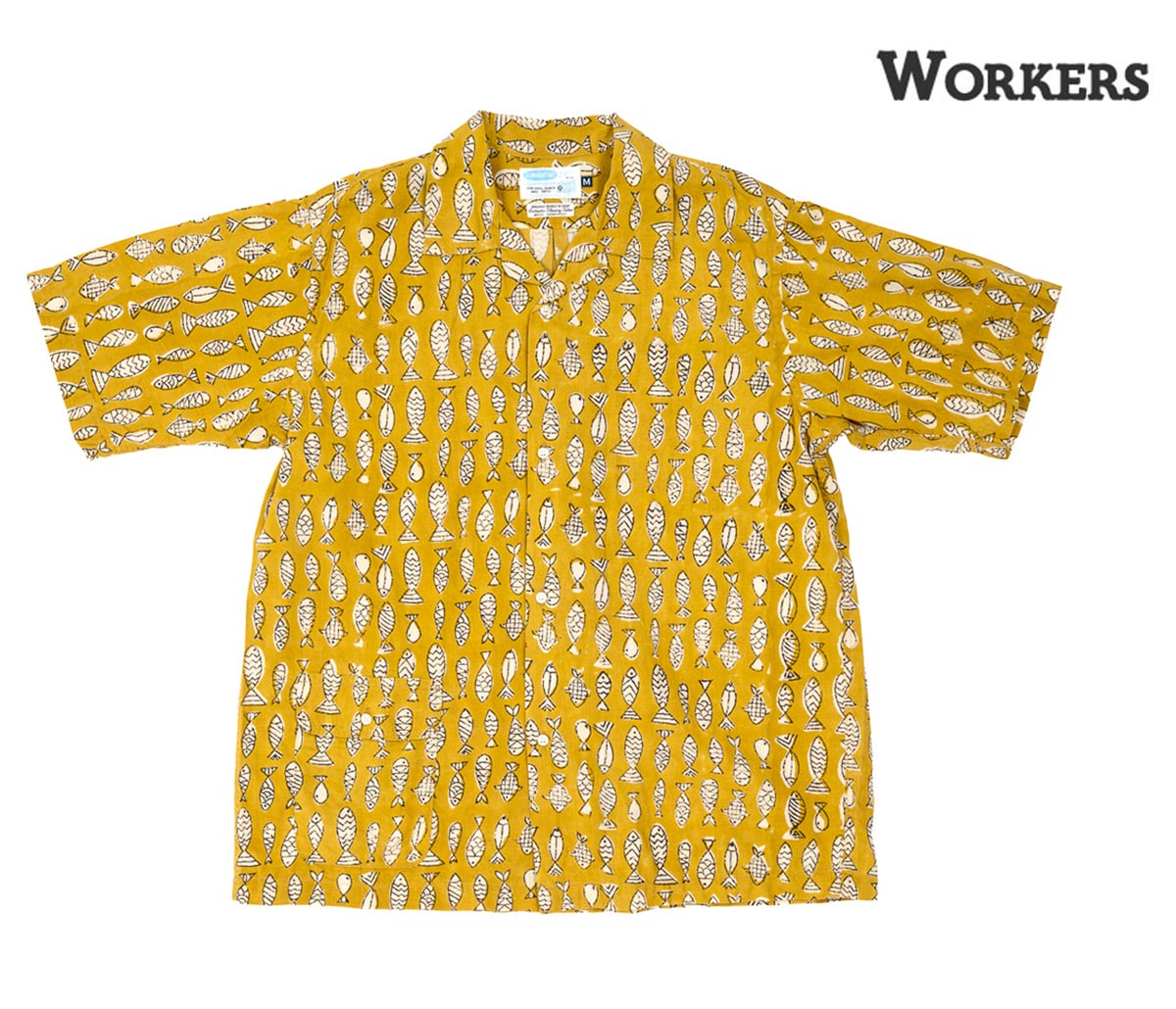 ワーカーズ WORKERS フィッシュ ブロック プリント オープンカラー